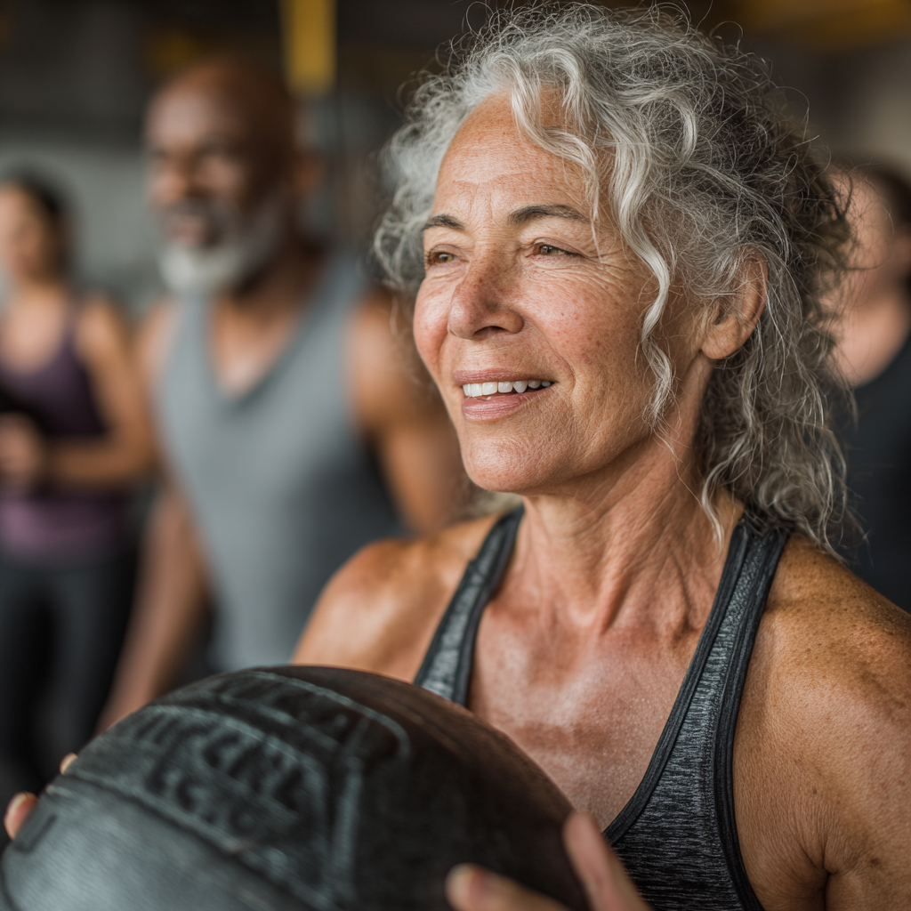 Жінка 52 років виконує високоінтенсивні вправи з медболом в групі однолітків, всі демонструють енергійність та задоволення від тренування