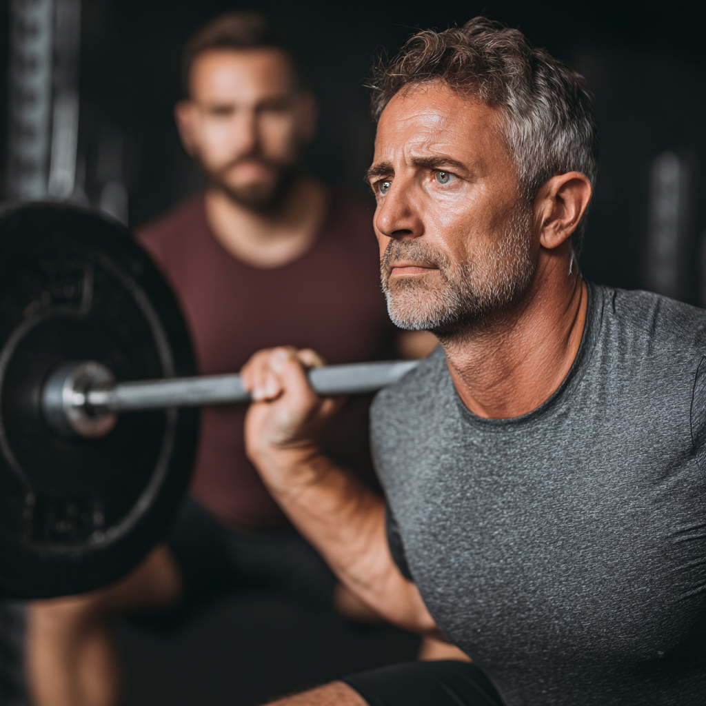 Чоловік 58 років виконує присідання з штангою під наглядом тренера в спортивному залі, демонструючи правильну техніку та концентрацію