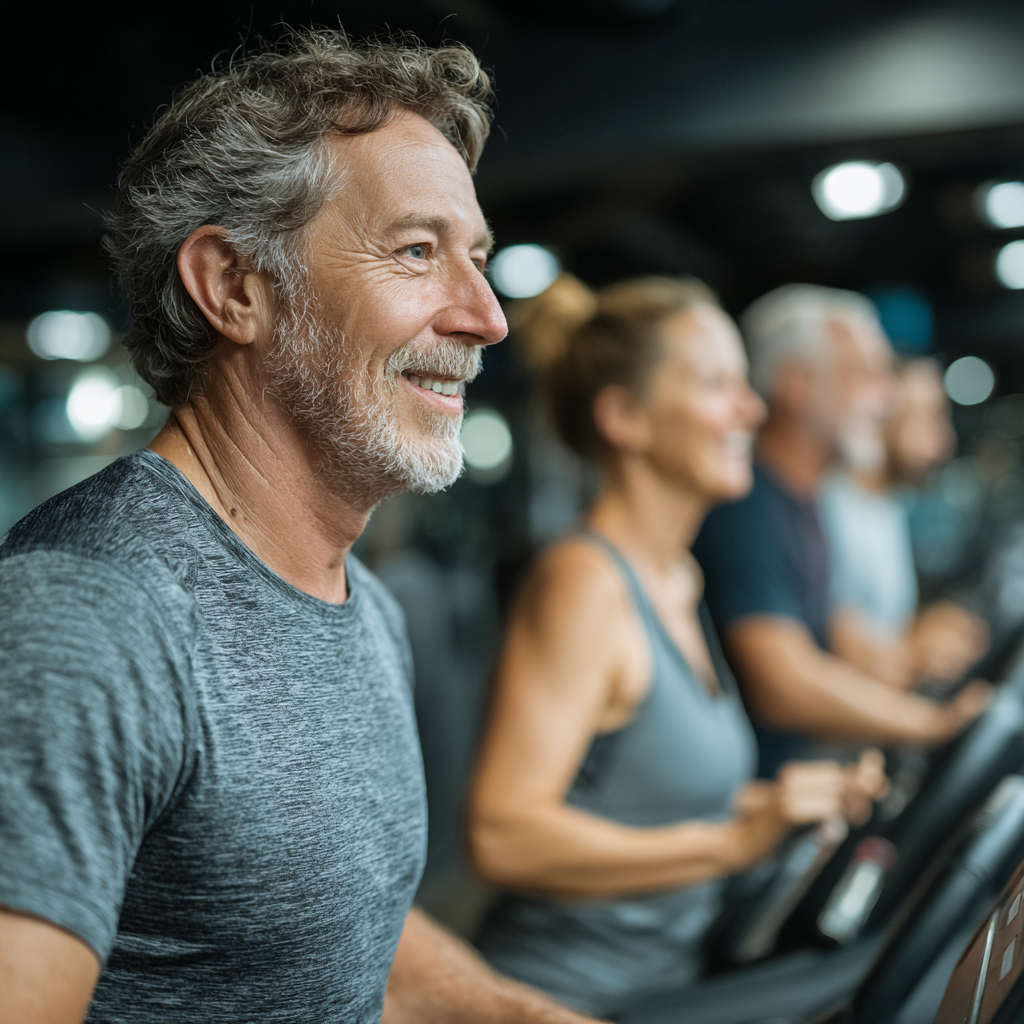 Група людей віком 50-60 років займається кардіо-тренуванням на біговій доріжці та велотренажерах в сучасному фітнес-центрі