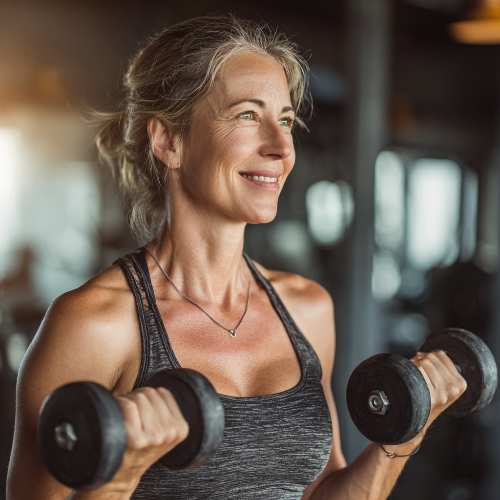 Активна жінка 55 років виконує силові вправи з гантелями в сучасному спортзалі, усміхається та демонструє відмінну фізичну форму
